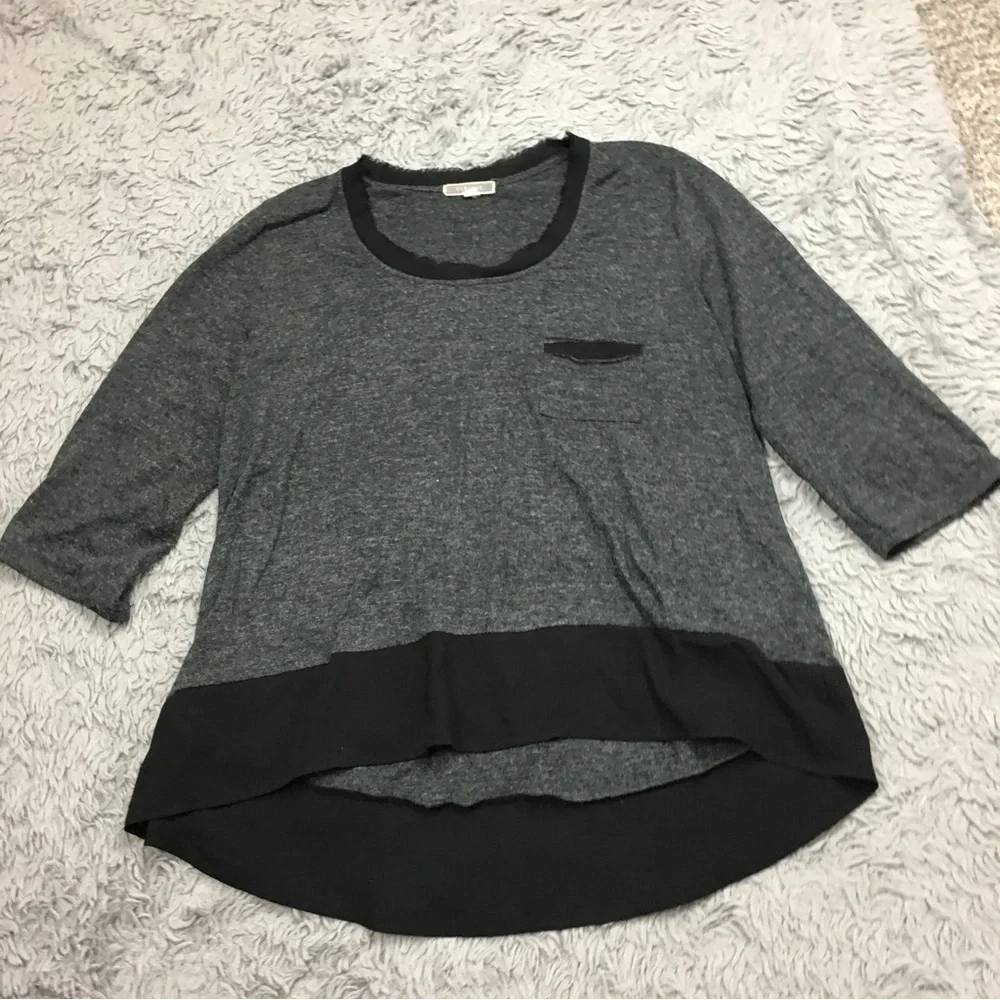 Anthropologie Pleione  Contrast Trim Chiffon Top High Low Chest Pocket Gray XL - Picture 2 of 16